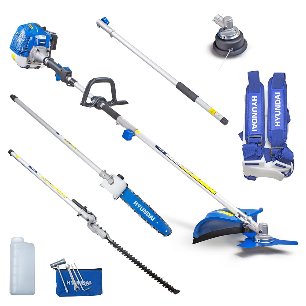 Hyundai 5 in 1, 52cc Long Reach Petrol Garden Multi Tool with 430mm Grass Trimmer, 425mm Hedge Trimmer, 10" Chainsaw, Brushcutter, 2-Stroke with 3 Year Warranty