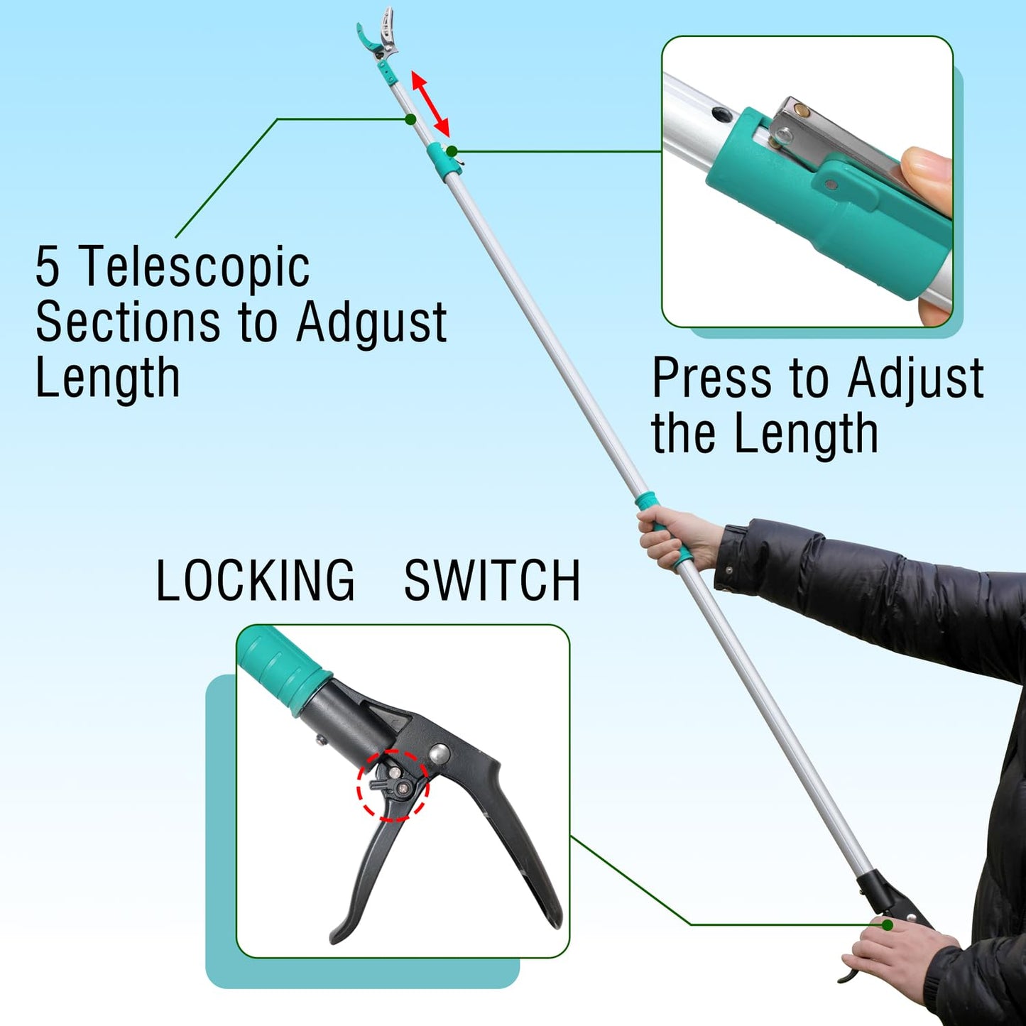 Extendable 181cm-300cm Tree Pruner, Long Handle Tree loppers, Lightweight & Strong Telescopic Pole Pruner with Rotate Head, Smooth Clean Cut, Ideal for Removing High Branches and Fruit Picking