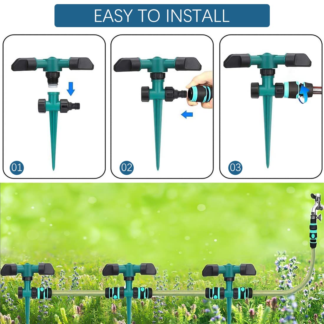Garden Sprinkler Lawn Water Sprinkler Automatic 360 Rotating 3 Arms Sprayer Adjustable Sprinkler Irrigation System for Watering Veggies Flowers Grass Lawn Plants