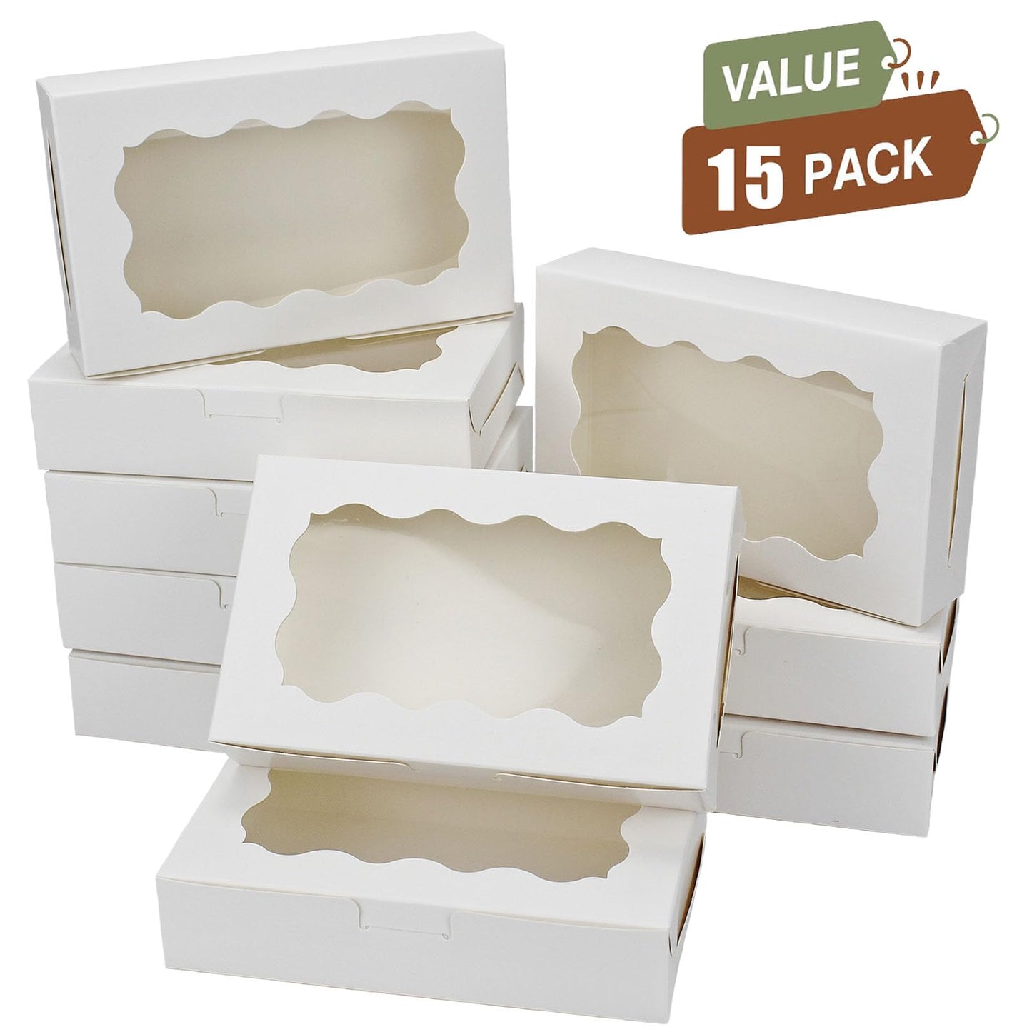 YankMooM 15Pack Cake Boxes with Window,21.5x13.5x5cm White Bakery Boxes with Display Cookie Packing Boxes for Cakes,Donuts,Muffins,Macaroon and Gift Packing