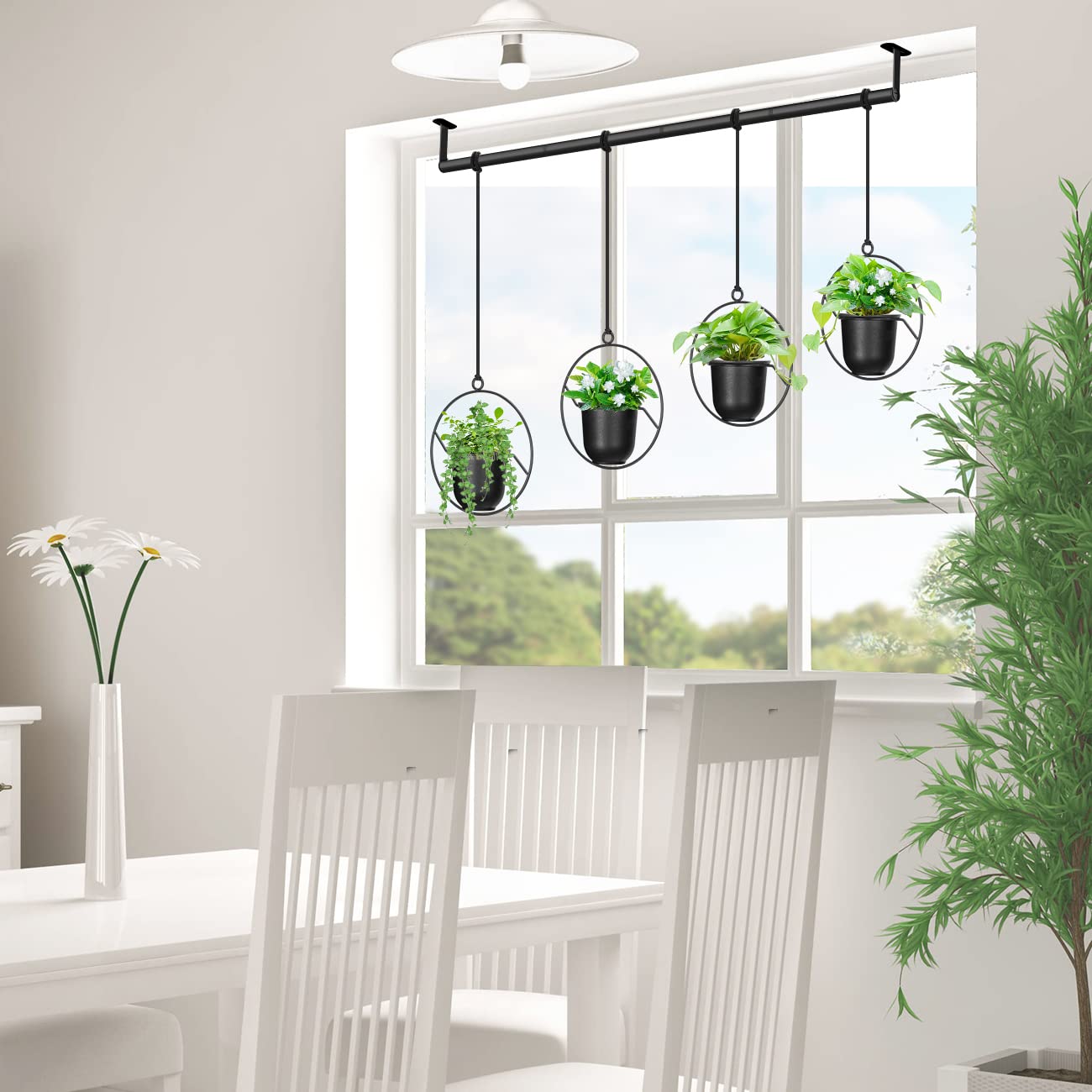 Mutool Hanging Planter Pots for Indoor Herb Garden, 4 Pack Garden Hanging Basket Kit with Melamine Planters, Hanging Rope & Modern Wall and Ceiling Hanging Plant Holder, Black