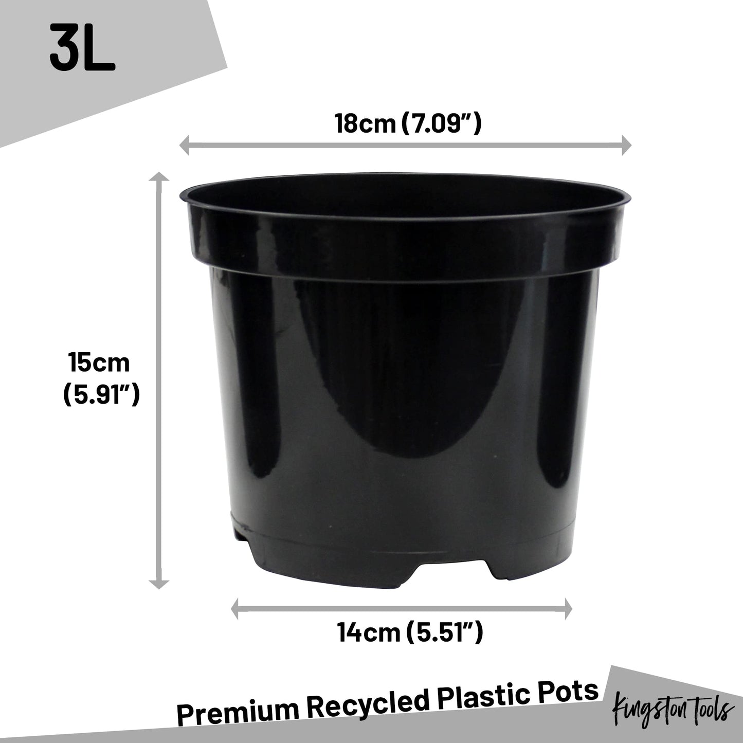Kingston Tools Premium Recycled Plastic Garden Planter Pot – Heavy Duty Plant Flower Pots – Indoor Outdoor Home Décor Gardening Planters – Capacity: 3L, Black – Pack of 10