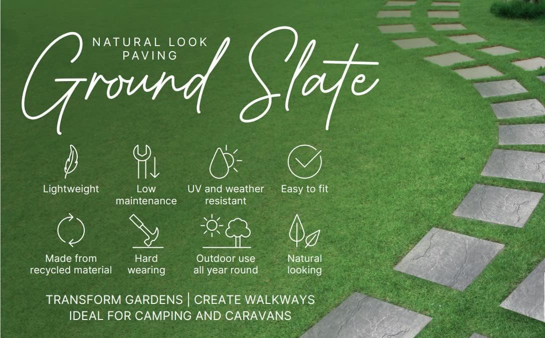 Black Marble Effect 30x30x2.5cm Square Stomp Stone – Pack of 10 Slates - Garden Path/Walkway Tiles– Easy Install - Hard Wearing (10)