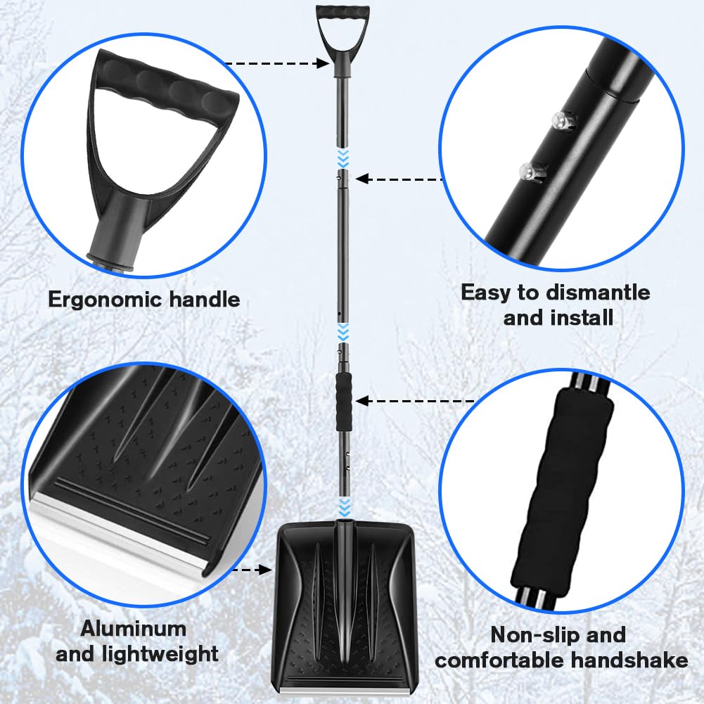 2025 New Snow Shovel, Upgrade Large-Capacity Lightweight Aluminum Portable Snow Shovel, Parent-Child Playing Snow Shovel, Shovel for Garden, Car, Camping with Extra Ice Scrape(Black)