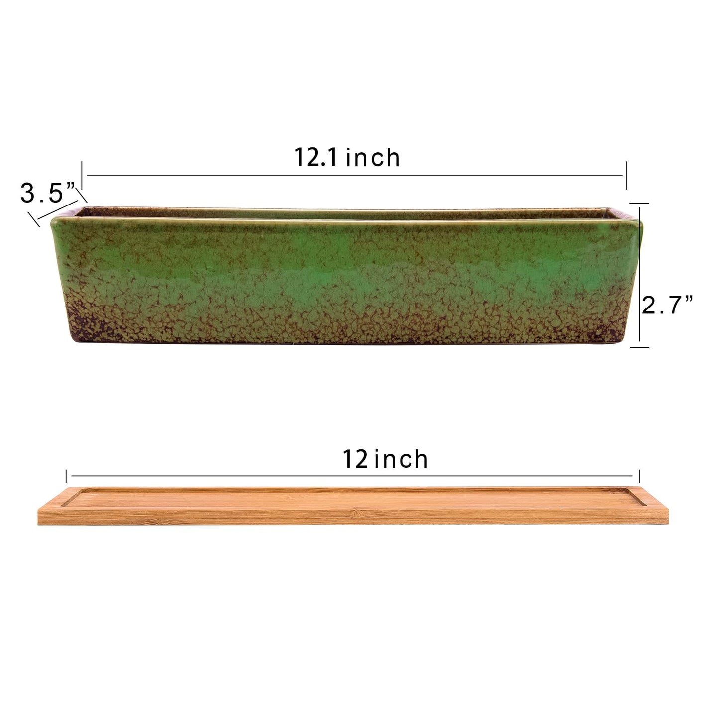 ARTKETTY 30cm Ceramic Succulent Plant Pots, Modern Long Rectangle Flower Plant Containers with Tray, Shallow Cactus Bonsai Window Box with Drainage for Indoor/Outdoor Home Decor(Green)