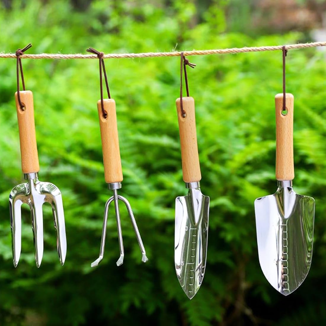 Garden Tool Set with Wood Handle, Aluminum Graduated Shovel, Garden Rake, Hand Fork, Transplant Shovel with Scale, 4Pcs Heavy Duty Hand Tools Set for Garden Planting