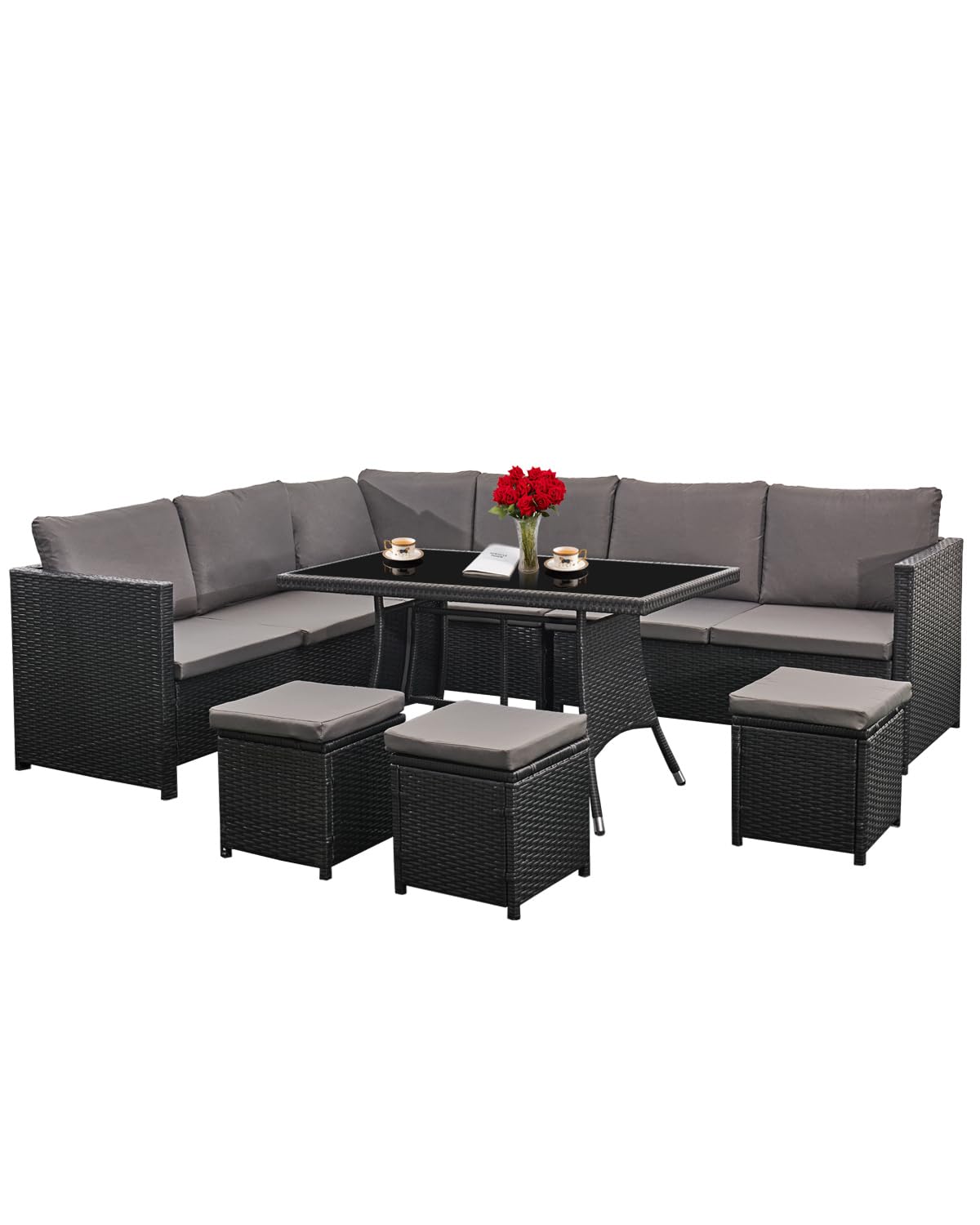 AFURNI 9-Seat Rattan Garden Corner Sofa & Dining Set