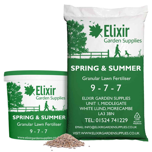Elixir Gardens Spring & Summer 9-7-7 | Treats 712 sq.m | Granular Lawn Fertiliser/Turf & Grass Feed/Food | 25kg Bag