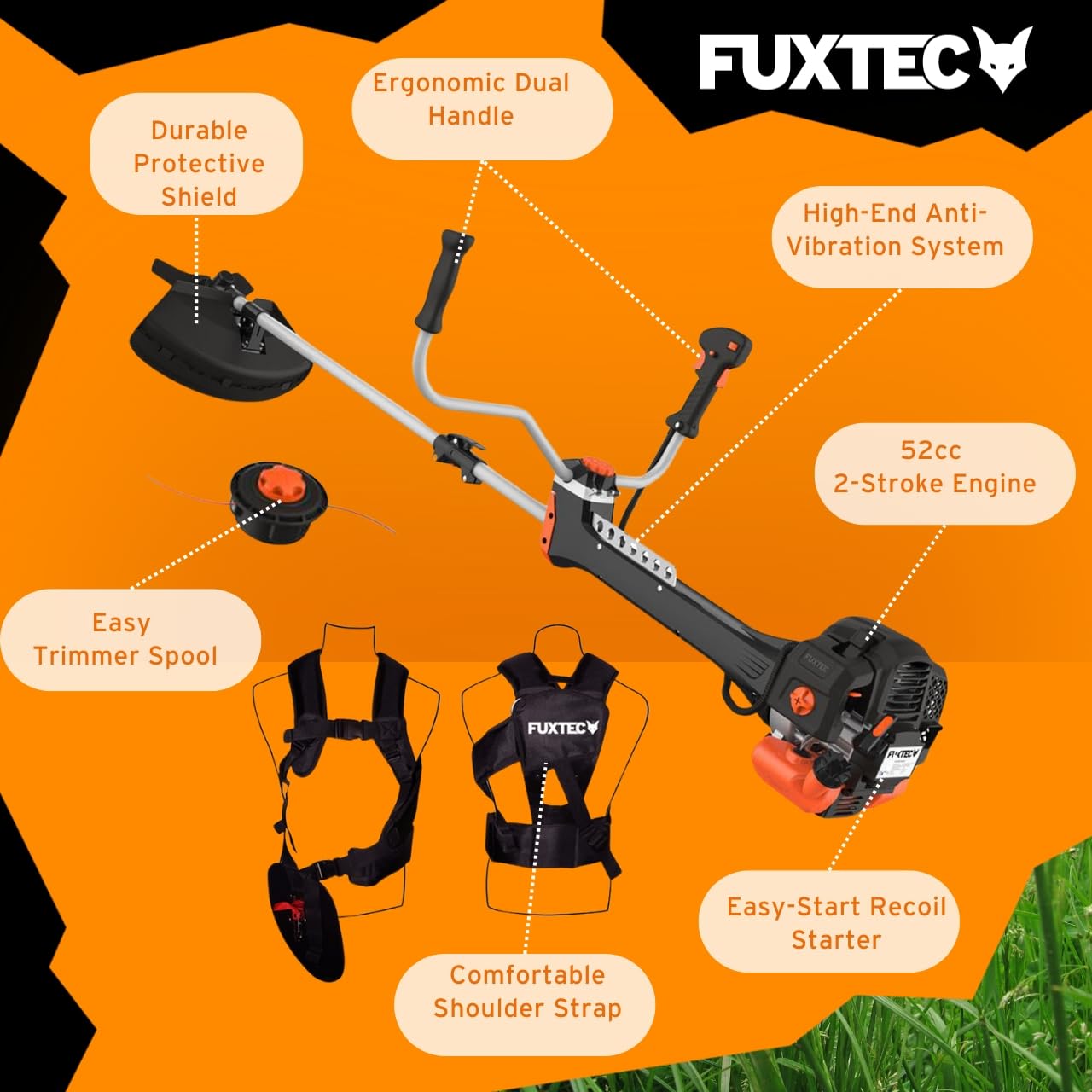FUXTEC 52cc Petrol Professional Strimmer, Grass Trimmer & Brush Cutter – 2.95HP 2-Stroke Engine, Anti-Vibration System, Motor Scythe – 2-in-1 Garden Tool for Lawn & Brush Cutting – FX-PS152