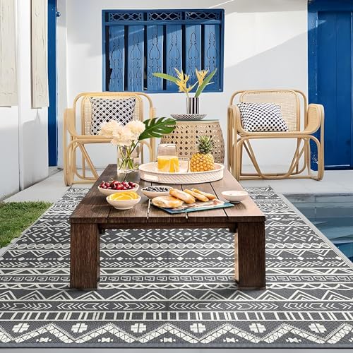 Grey Plastic Straw Patio Carpet for Garden, Deck, Picnic, Beach - 245x150cm Waterproof Outdoor Rug