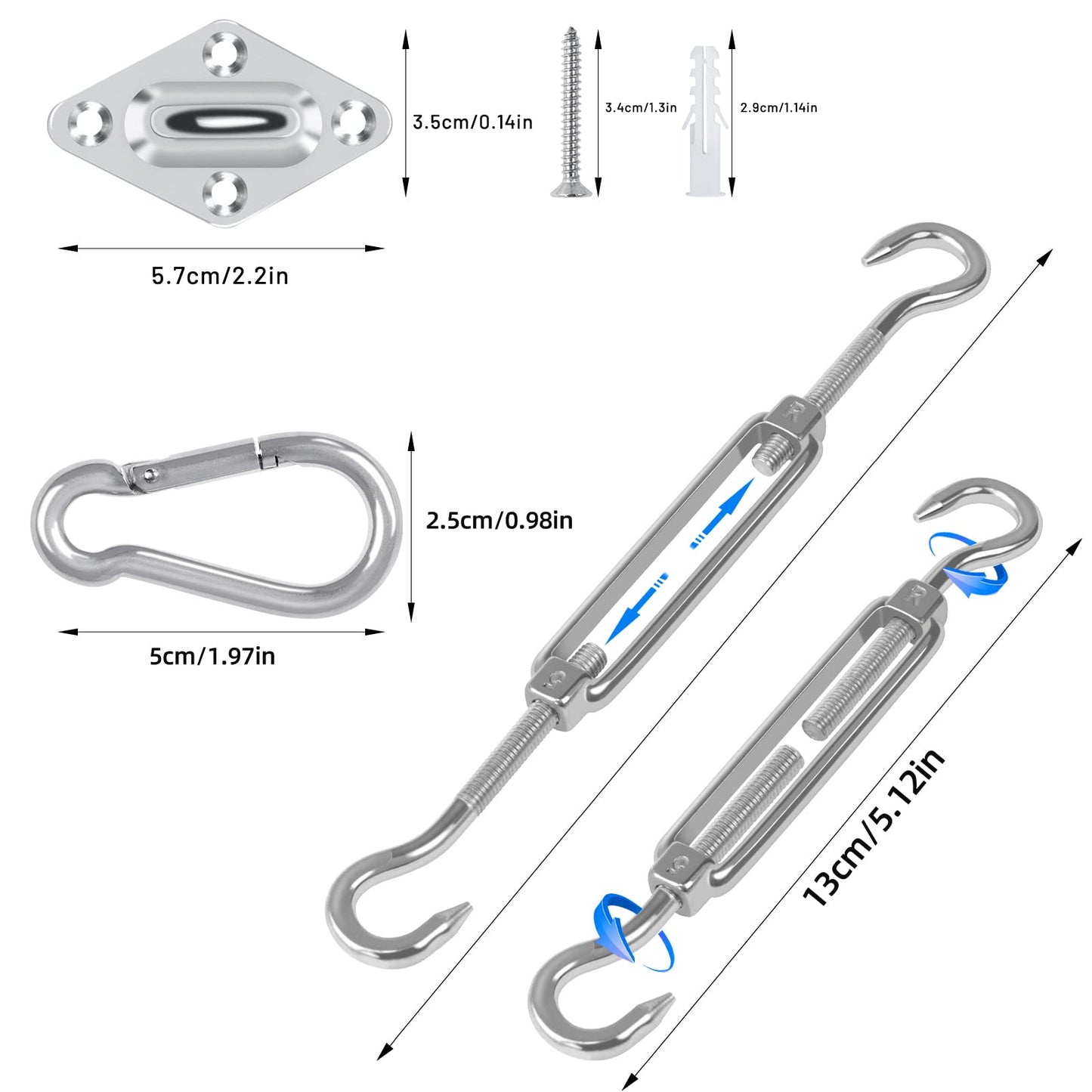 Covlongyu Awning Attachment Set, M5 Heavy Duty Sun Shade Sail Stainless Steel Hardware Kit for Rectangular/Triangles and Square, Suitable for Garden/Outdoor/Patio Lawn Sunshade Hooks (48pcs)
