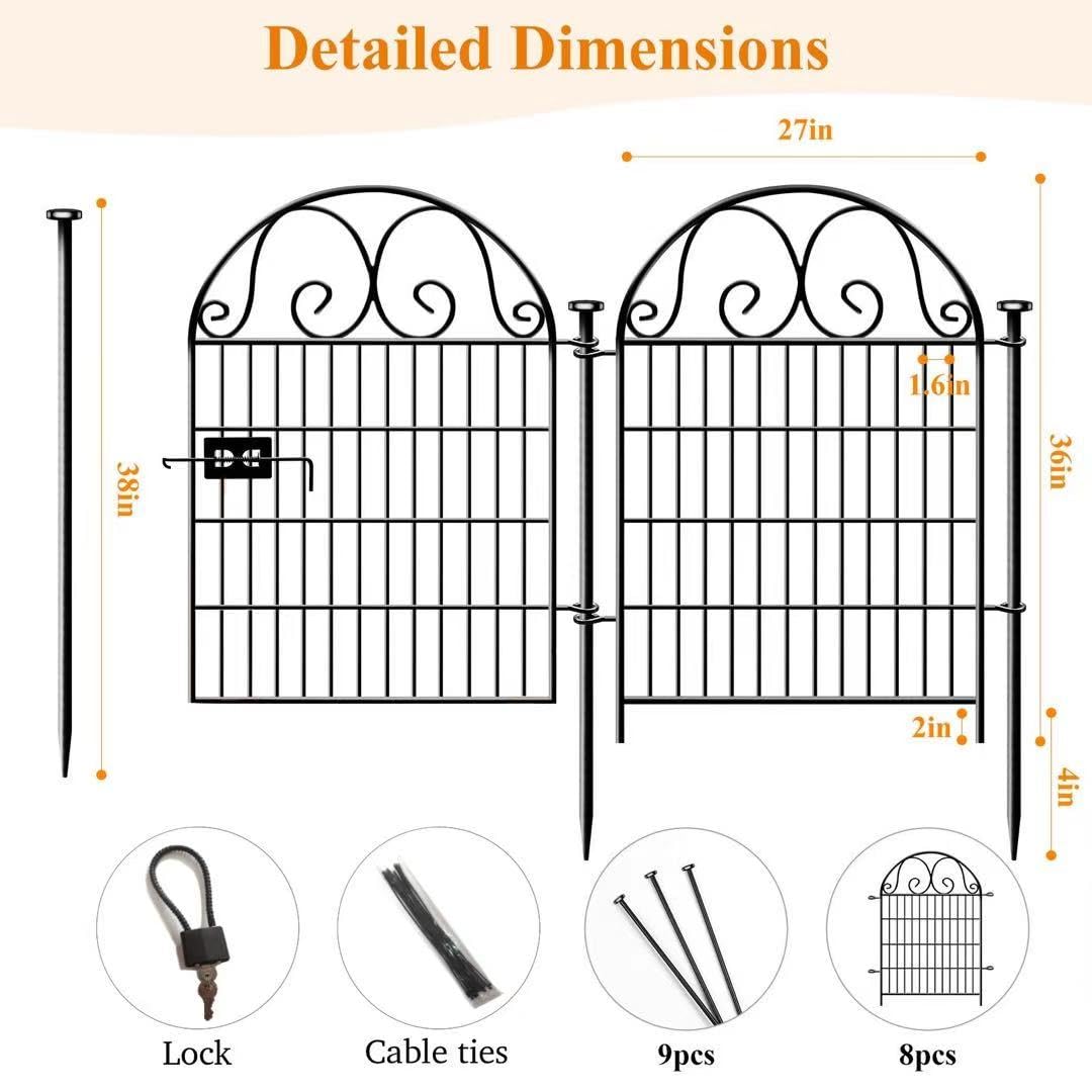 Getlay Tall Garden Animal Barrier with Gate, 36in(H)×17.5ft(L) 8-Panel Dog Fence, Black Heavy Duty Metal Temporary Defense Fence