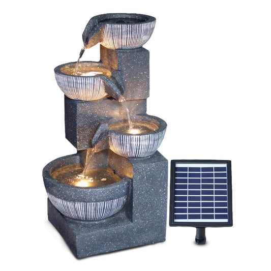 GEEZY Solar Water Features for the Garden – Outdoor 4 Tier Bowl Fountain with LED Lights – Solar Powered, Self-Contained – Easy Setup, Relaxing & Cascading – Ideal for Garden, Patio & Balcony Decor