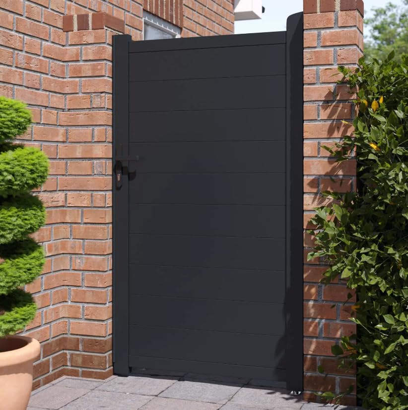 Trueshopping Nova Pedestrian Gate Aluminium Garden Gate - Horizontal Panel Design, Powder-Coated Finish & Full Privacy - Metal Garden Gates 3ft Wide in Anthracite Grey with Fixings & Fittings