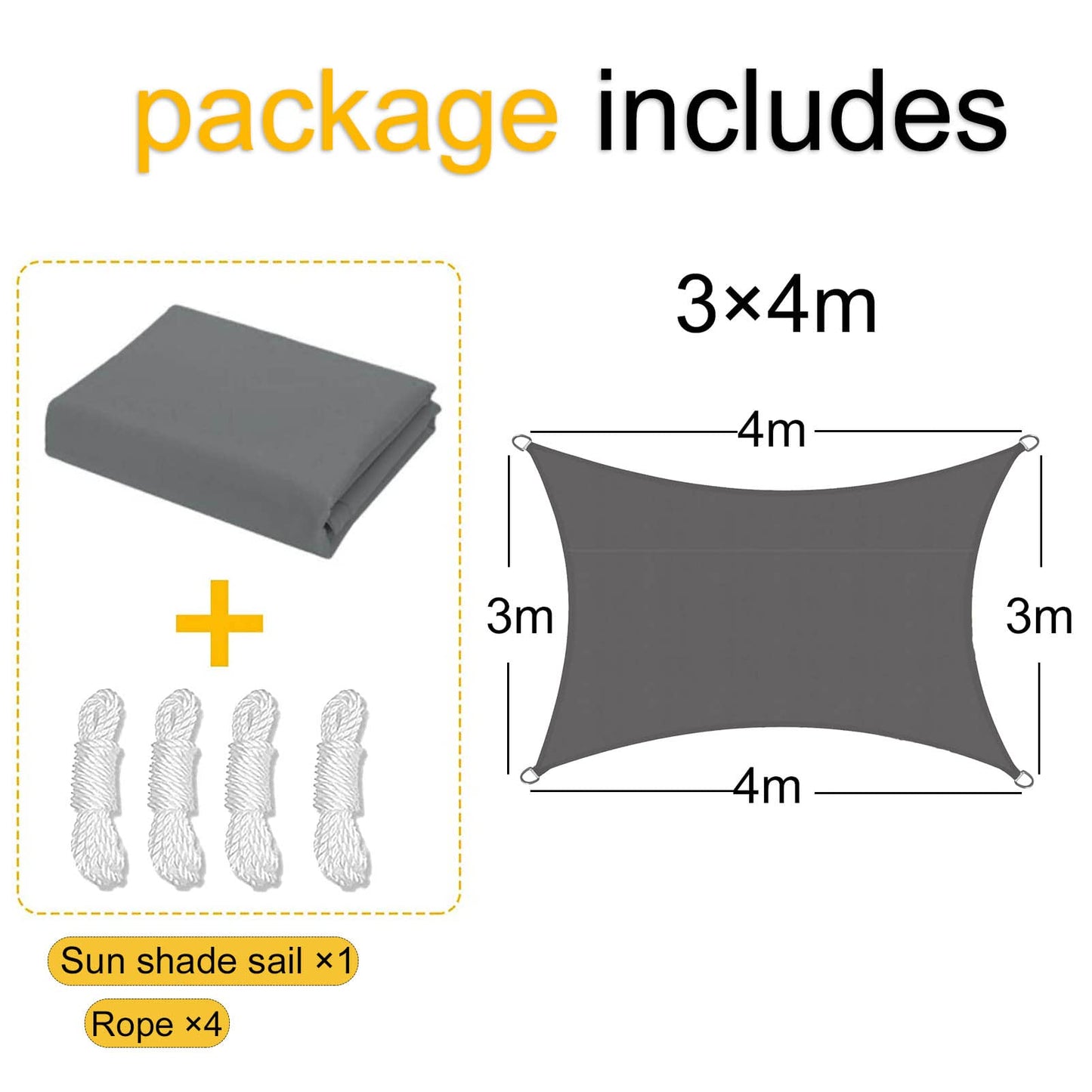Sunal Sun Shade Sails 3m x 4m, Rectangle Waterproof Shade Sail for Garden, 98% UV Blocking Outdoor Sun Shade Shade Canopy with Free Rope for Outdoor Garden Pergola Patio Party Backyard Lawn, Grey