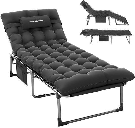 UDPATIO Padded Sun Lounger with Extra Cushion,Foldable Camp Bed With Adjustable Backrest Headrest,Oversize Garden Lounge Chair With Side Pockets Black