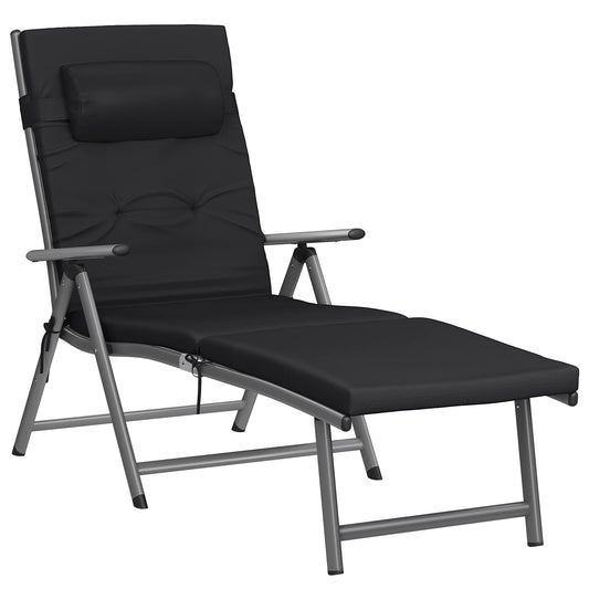 SONGMICS Folding Sun Lounger with 6 cm Thick Mattress, Garden Chair, Removable Pillow, Aluminium Structure, Rust-Resistant, Breathable, Comfortable, Adjustable, Hold up to 150 kg, Black GCB024B01