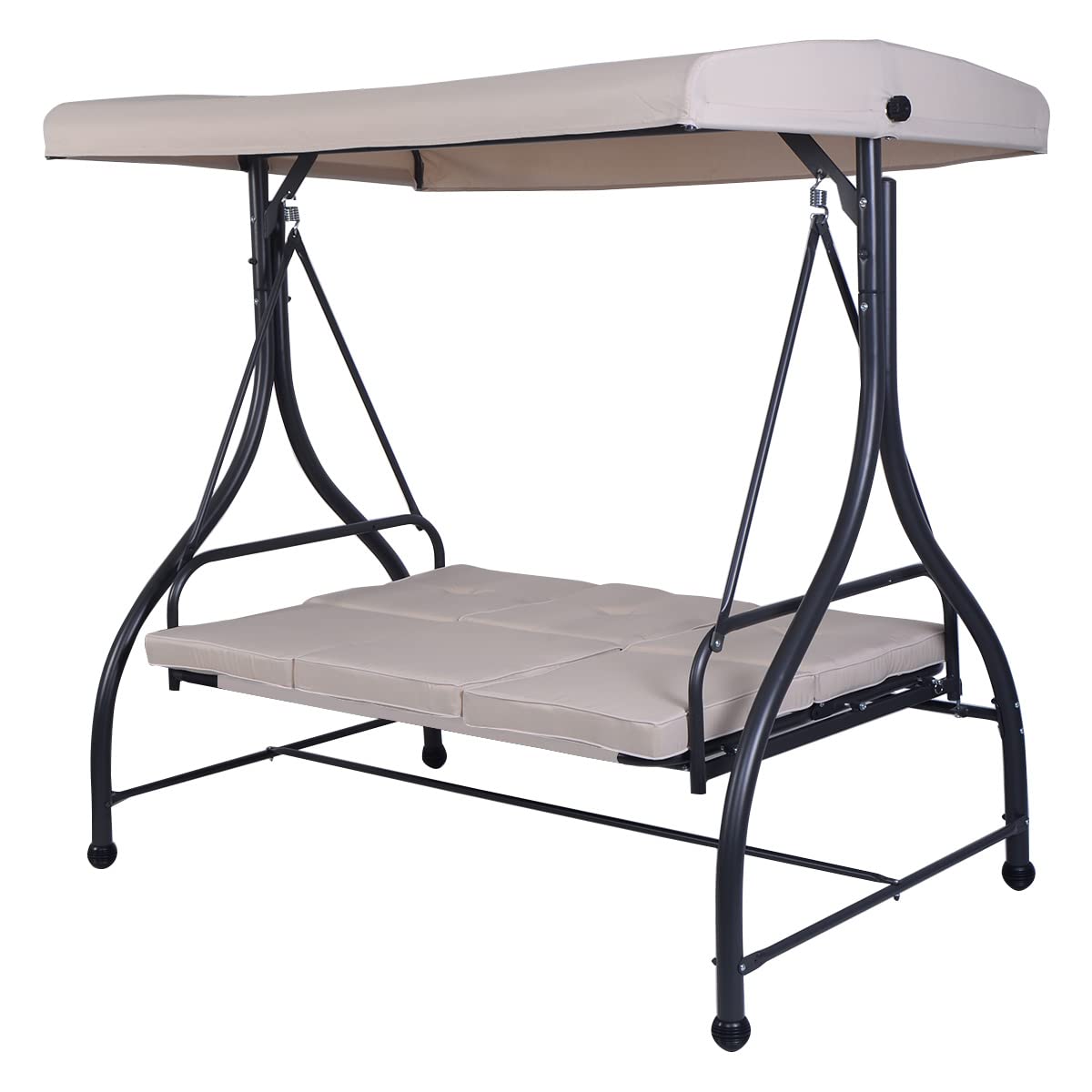 RELAX4LIFE 3 Seater Swing Chair, Garden Swing Seat Chair with Adjustable Canopy and Cushions, Outdoor Patio Hammock Convertible Bench for Balcony Backyard Poolside (Beige)