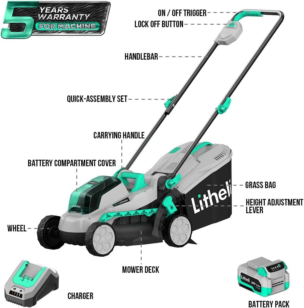 Litheli Cordless Lawn Mower 13 Inch, 5 Heights, 20V Electric Lawn Mowers for Garden, Yard and Farm, with Brushless Motor, 4.0Ah Battery & Charger Included