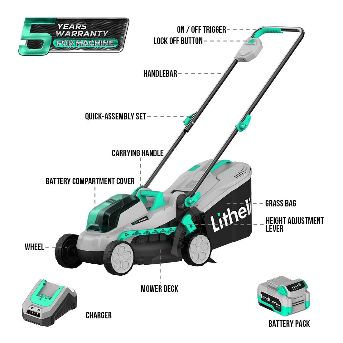 Litheli Cordless Lawn Mower 13 Inch, 5 Heights, 20V Electric Lawn Mowers for Garden, Yard and Farm, with Brushless Motor, 4.0Ah Battery & Charger Included