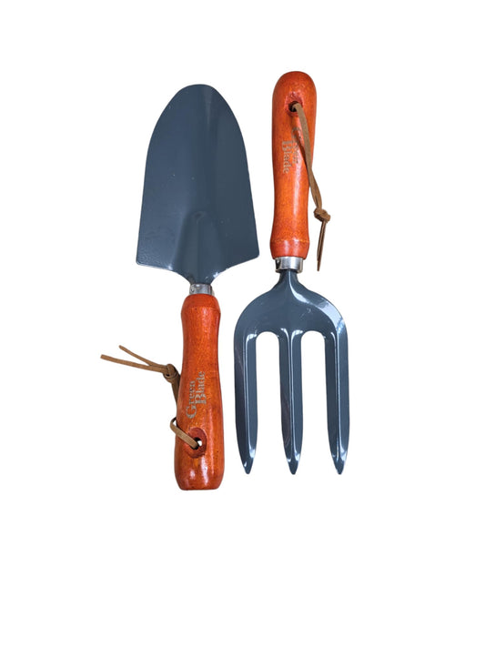 fiXte Hand Fork and Hand Trowel Garden Set Twin Pack Wooden Handles Carbon Steel Ideal Gardening Gift Set