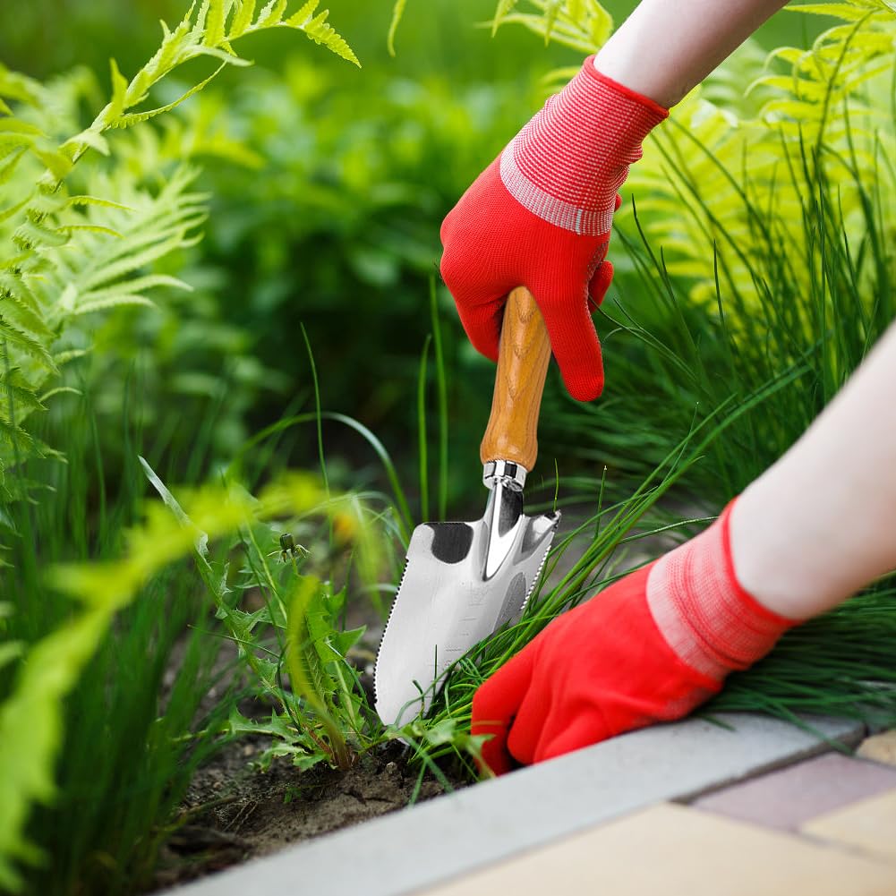 Garden Trowel, Hand Trowels Shovel with Measuring Depth Mark, Ergonomic Wood Grain Handle, Stainless Steel Gardening Tool for Planting, Weeding, Transplanting and Smoothing Soil (Trowels-1)