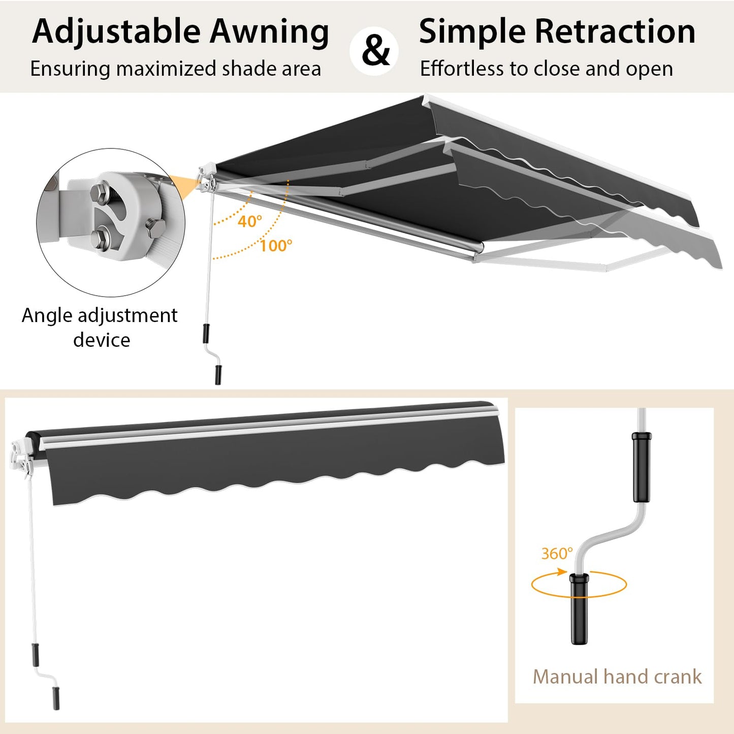 COSTWAY 3 x 2.5m/3 x 3.6m Retractable Manual Awning, Anti-UV and Waterproof Garden Patio Canopy with Hand Crank, Aluminum Sun Shade Shelter for Balcony Yard(3m x 3.6m, Grey)