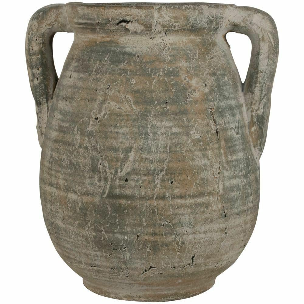 Grey Stone Jar with Handles, Stone Greek Style Whitewashed Rustic Urn Vase Planter, Vintage Style Jar, Rustic Weathered Large Pot, 2 Sizes (Small)