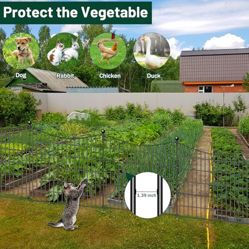 5 Panels Decorative Garden Fence with Gate - 32 in(H) X 12 ft(L) Dog Fence for Yard - Rustproof Metal Garden Edging - Temporary Fencing Stakes