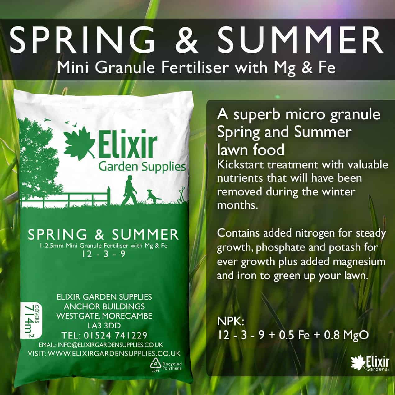 Elixir Gardens UK Spring & Summer Lawn Food/Feed & Granular Compound Turf Fertiliser with added Iron - Magnesium | 1kg-25kg Weights | NPK:12-3-9 - 2% Fe & 2% MgO | 5kg Tub Treats 200m²