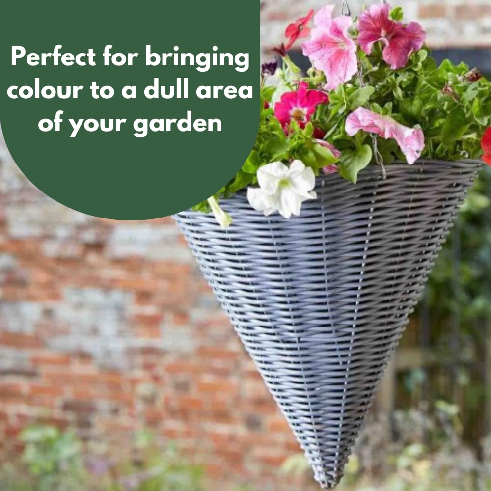 Garden Mile® Garden Hanging Flower Basket 14'' Cone Rattan Effect Plant Holder Outdoor Plant Pot Planter with Hanging Chain Grey Wicker Flower Pot Basket Pre-Lined for Easy Planting