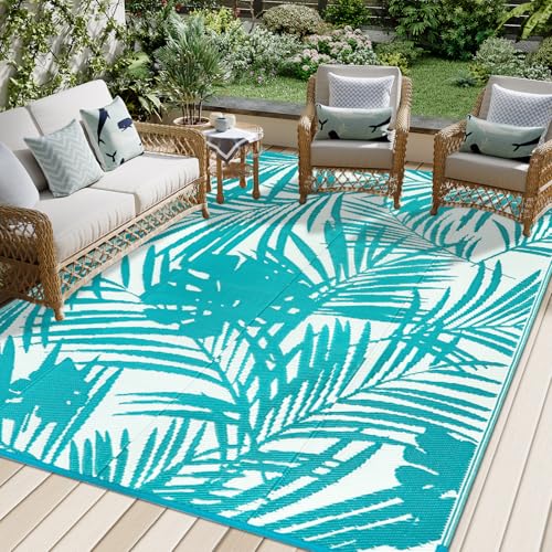 Famiaby Outdoor Rugs Waterproof Large Patio Garden Rugs Portable Camping Mat Lightweight Picnic Blanket Floor Mat for Balcony Deck Backyard Porch Beach BBQ (Teal, 180 x 270 cm)