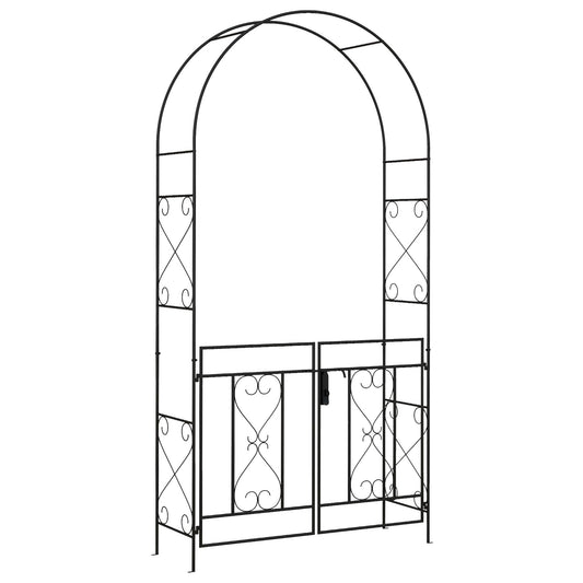 Outsunny Outdoor Garden Arch with Double Gates, Metal Garden Arbor for Climbing Plants, Roses, Vines, Wedding Arch for Outdoor, 114L x 36W x 232H cm, Black