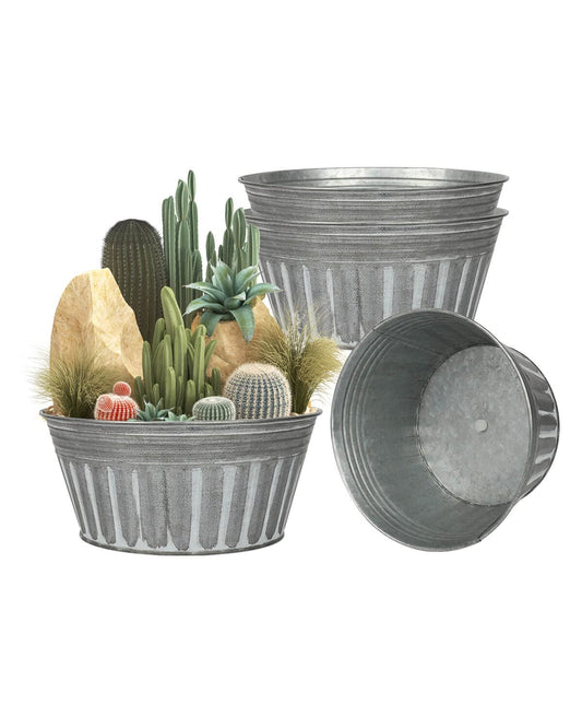 vensovo 10 Inches Silver Metal Rustic Plant Pots - 4 Pcs Large Shallow Galvanized Planters with Drain Hole and Rubber Plug, Rustproof Tin Bucket Succulent Pot Indoor Farmhouse Vintage Style for Decor