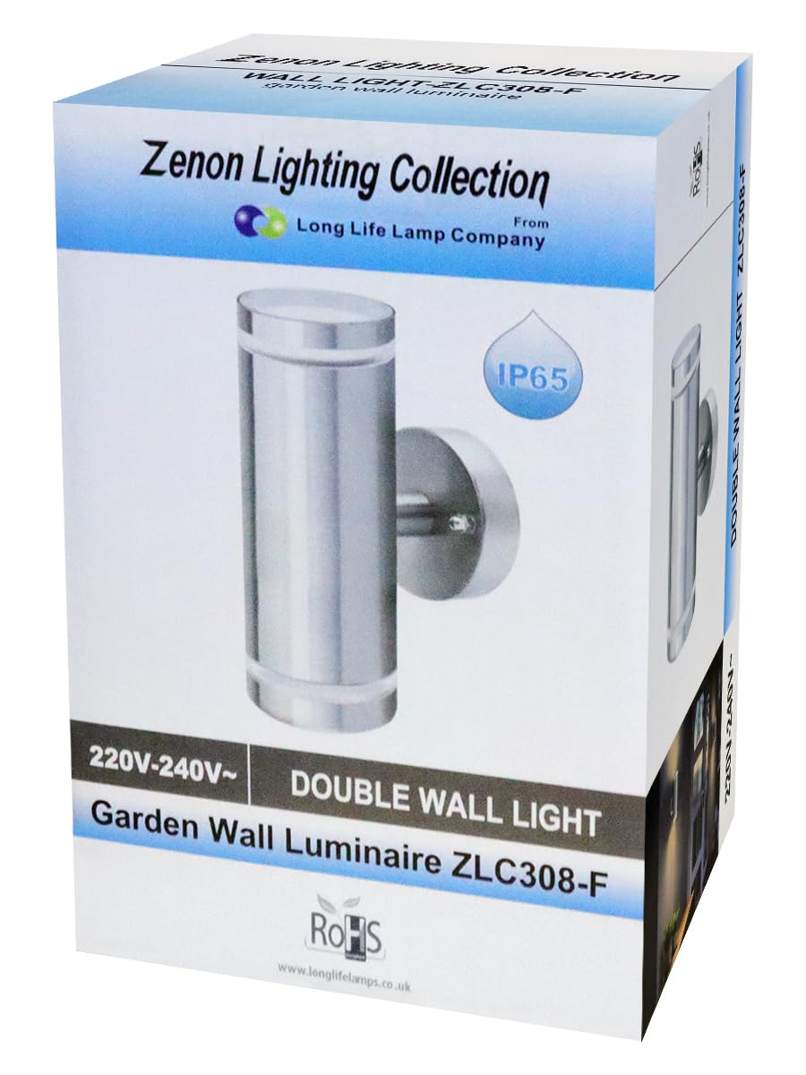 Long Life Lamp Company 2 x Exterior Outdoor Up Down Wall Light IP65 Transparent Diffuser Stainless Steel ZLC308-F Use with LED GU10 Bulb Only