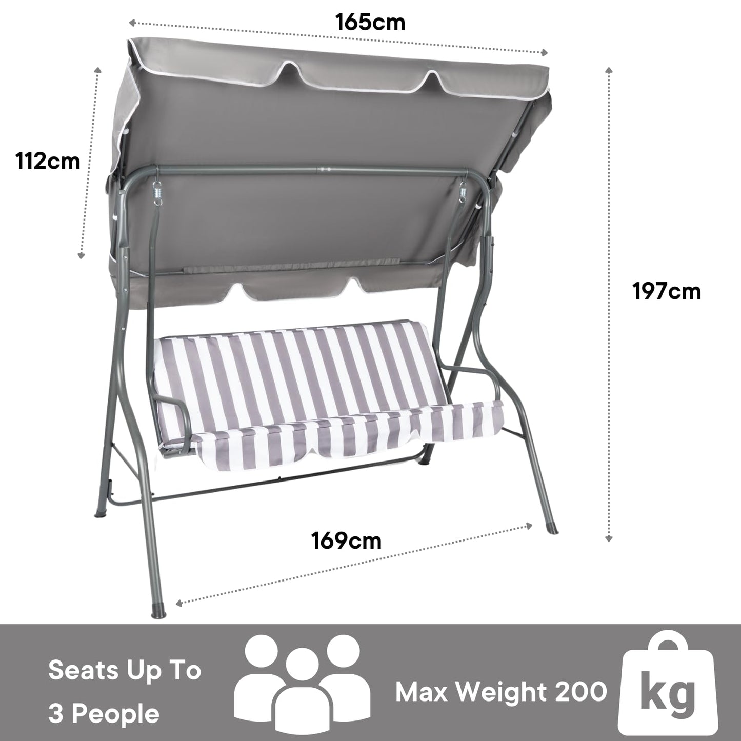 OHS Garden Swing Bench, 3 Seater Swing Seat Outdoor with Adjustable Canopy & Cushioned Seats Relaxing Comfy Outdoor Patio Hammock Bench, Grey/White Stripe