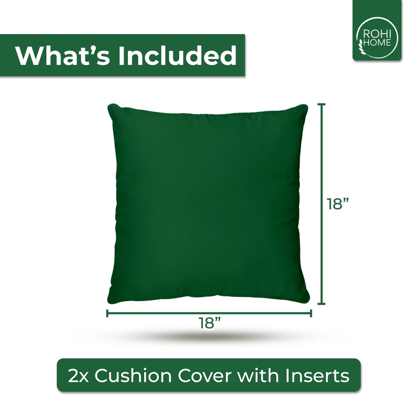 Rohi Waterproof Outdoor Cushions 2 Pack Filled – Decorative Waterproof Cushions for Garden, Patio, Couch, Tent, Balcony and Sofa (Dark Green, 18" x 18")