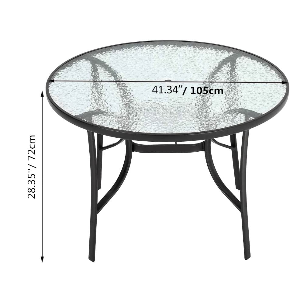 Panana 105cm Round Garden Dining Table with Parasol Hole, Outdoor Coffee Table with Tempered Glass Tabletop and Metal Frame for Conservatory, Patio, Balcony