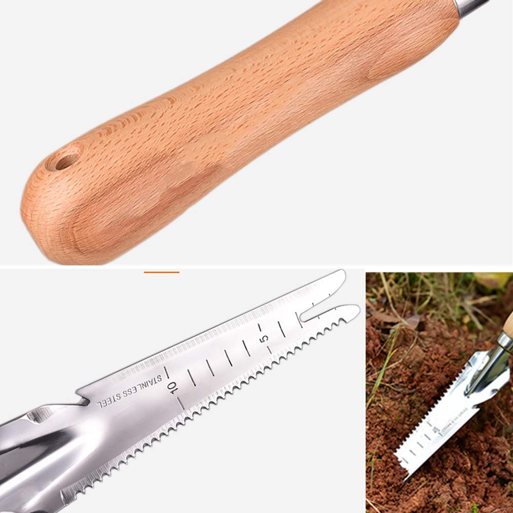 jiaguan Wooden handle Manual Weeder Tool Weed Puller Garden Weeder Shovel for Garden Digging Transplanting Weeding Grass, Stainless Steel Weeder with Measure weeding tools for garden