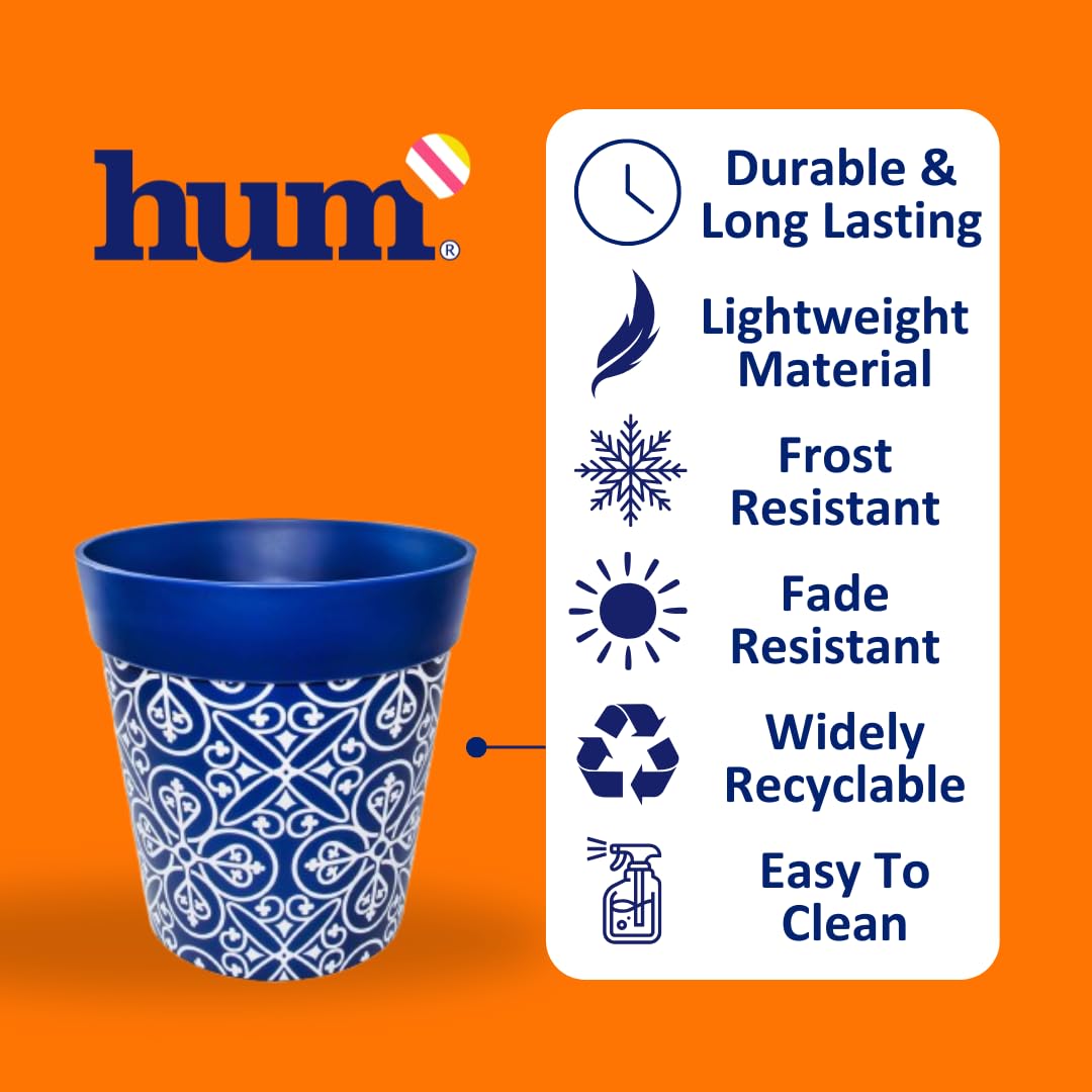 Hum Flowerpots, 22cm Set of 3, Various Patterns Colours and Sizes, Indoor/Outdoor Plastic Plant Pots, Flowers Trellis & Leaves