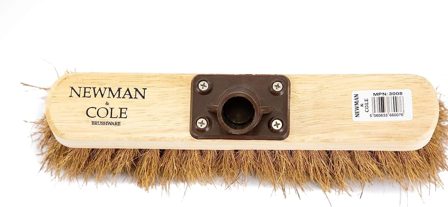 Newman and Cole 12" Wooden Broom Head with Soft Natural Coco Bristle Replacement Wooden Broom Head Indoor or Outdoor Soft Bristle Broom Floor Sweeping Brush with Plastic Fixing Bracket Connector