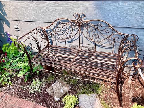 HLC Metal Antique Garden Benches Clearance Outdoor wrought iron Bench 2 Seat with Decorative Cast Iron Backrest Iron Cast Aluminium Bench for Garden,Patio, Porch and Yard Max 250kg (Brown)