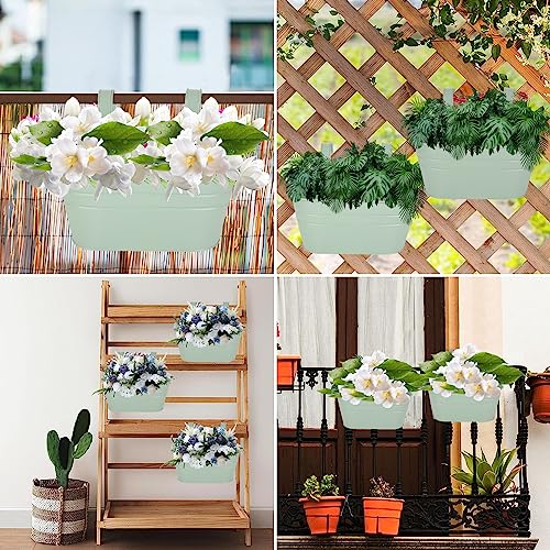 APACALI 4 PCS Metal Hanging Flower Pots, 27cm Over Fence Planters, Balcony Planters for Railing, Fence Hanging Planters with Detachable Hooks, Hanging Plant Pots Outdoor for Fence, Garden, Home, Green