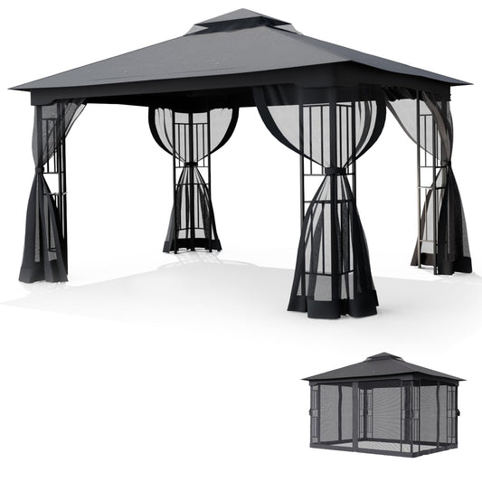 The Fellie 3M x 4M Gazebos with Double Tiered Roof, Large Outdoor Garden Gazebos with Mosquito Netting, Heavy Duty Metal Gazebos for Garden, Patio, Party, Camping, Waterproof, Dark Grey