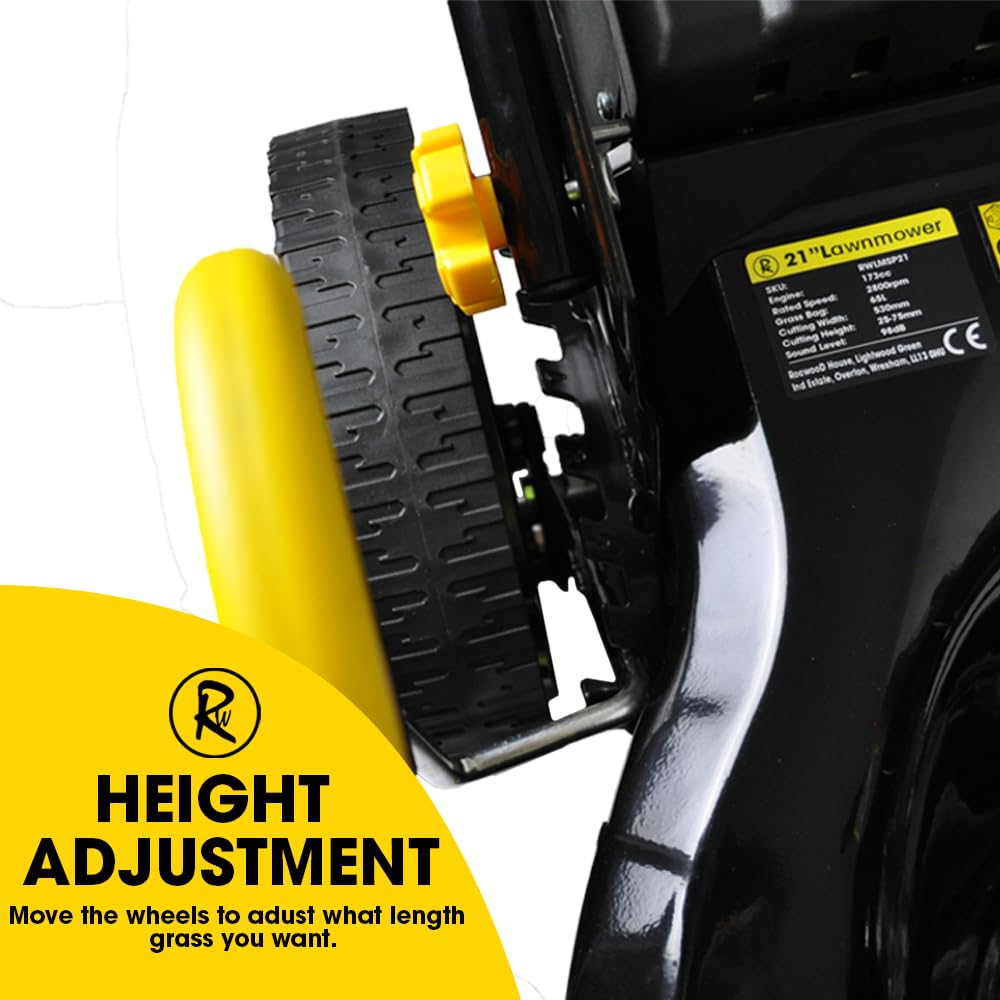 21″ Self Propelled RocwooD Petrol Mulching Lawnmower Folding Handle Side Chute 51CM Cut Width Rotary Blade 65 Litre Capacity 7 Cut Positions 173CC Engine