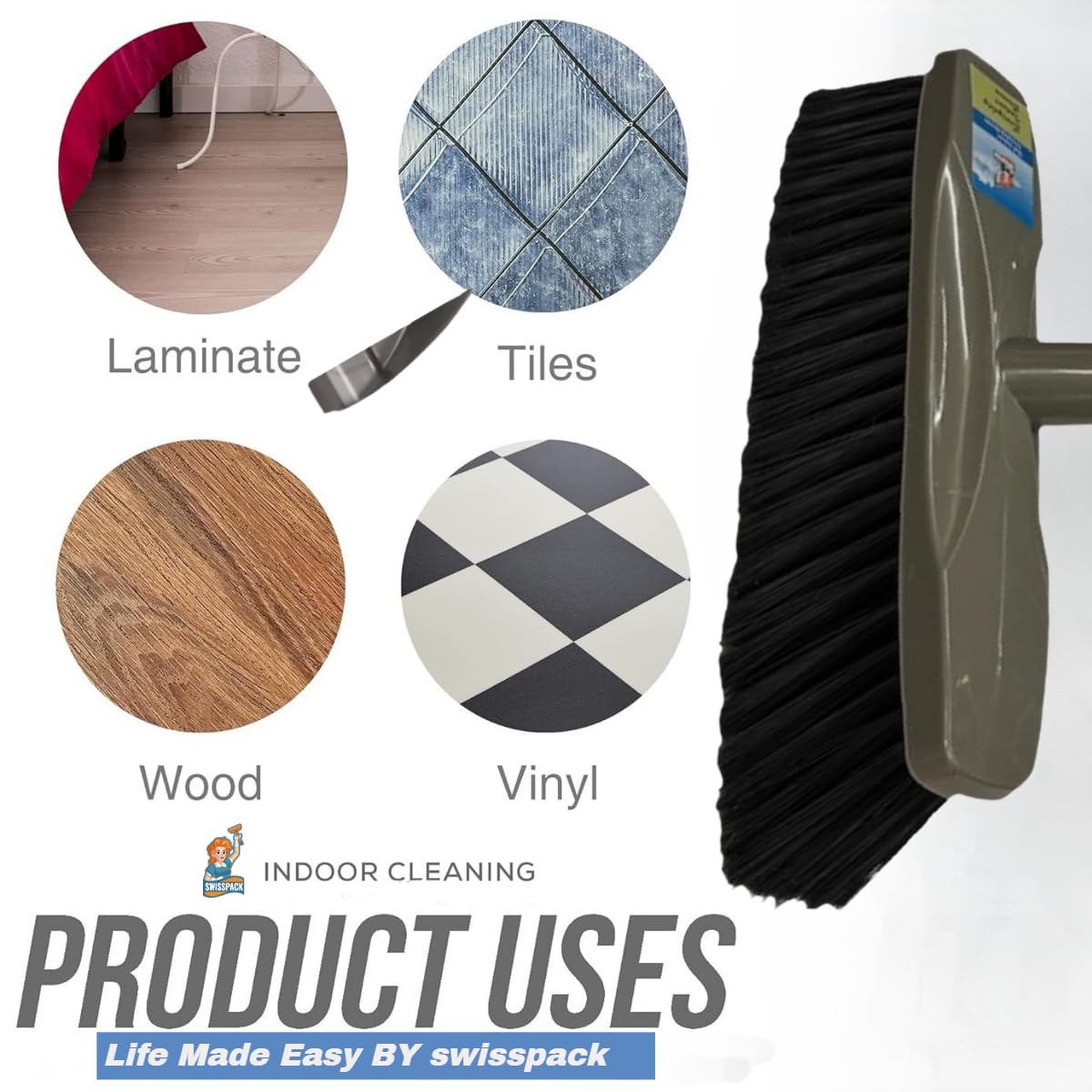 SWISSPACK Broom Indoor Sweeping Broom Brush with Long Handle, Kitchen Broom Indoor Floor Brush with Dense Soft Bristles Brooms Perfect for Sweeping Room Office Kitchen Ideal for Any Floors