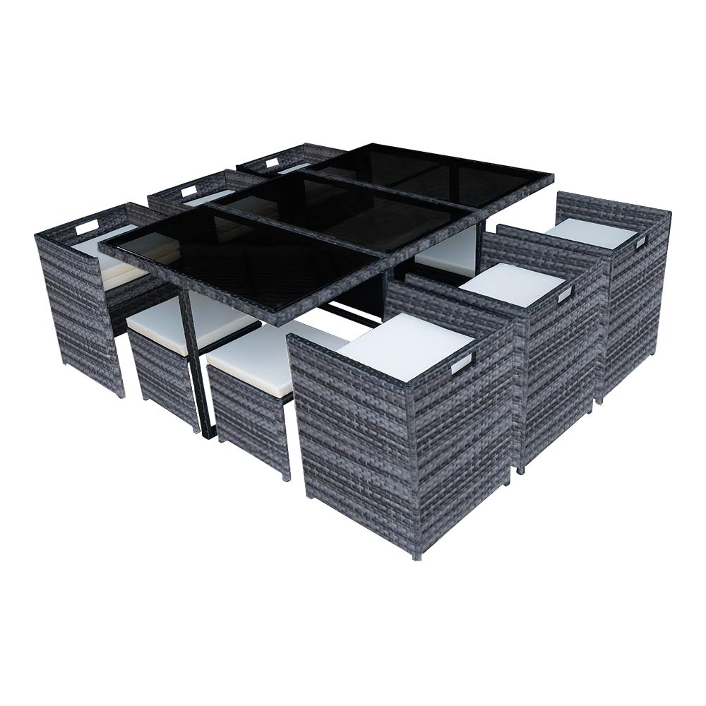 Panana Rattan Garden Furniture Set 10 Seater Dining Table and Padded Chairs Stool Outdoor Patio and Conservatory Mixed Grey
