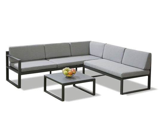 Garden Store Direct Sydney Aluminium Large Corner Lounge Set w/Textured Glass Coffee Table. Convertable Into Sunlounger. Ready Assembeled, Unpack & Enjoy!