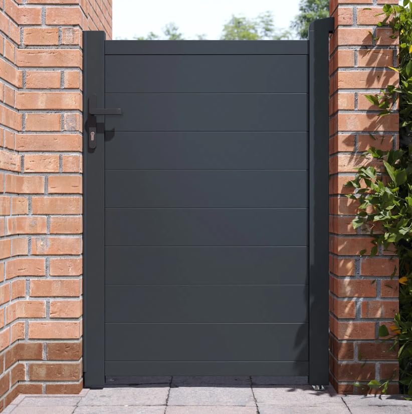 Trueshopping Nova Pedestrian Gate Aluminium Garden Gate - Horizontal Panel Design, Powder-Coated Finish & Full Privacy - Metal Garden Gates 3ft Wide in Anthracite Grey with Fixings & Fittings