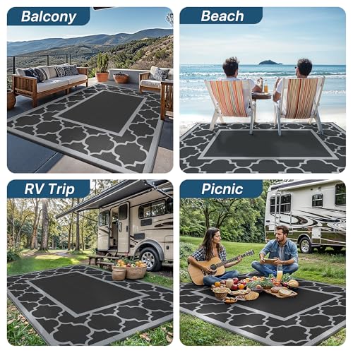 GENIMO Outdoor Rug Garden Rugs Waterproof Reversible Plastic Carpet, Washable Large Outdoor Rug for RV, Patio, Camping, Picnic, Deck, Camper, 180x275cm, Black & Grey